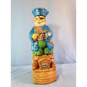 Pirate Rum Bottle Decanter Corsair Figure w/ Musket Hat & Treasure Box Statue